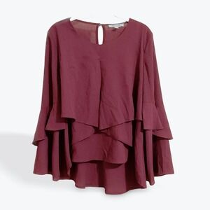 She Sky Burgundy Ruffled Tiered Bell Sleeve Tunic Top Size S